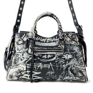 Balenciaga Neo Cagol Graffiti Lambskin Handbag Shoulder Bag Black White
